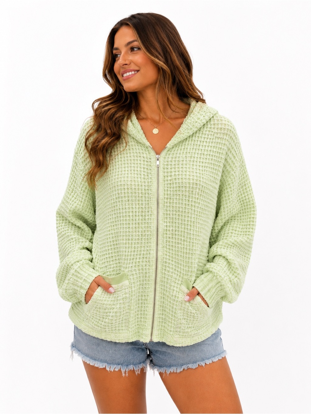 fresh produce Light Green Waffle Zip Hoodie